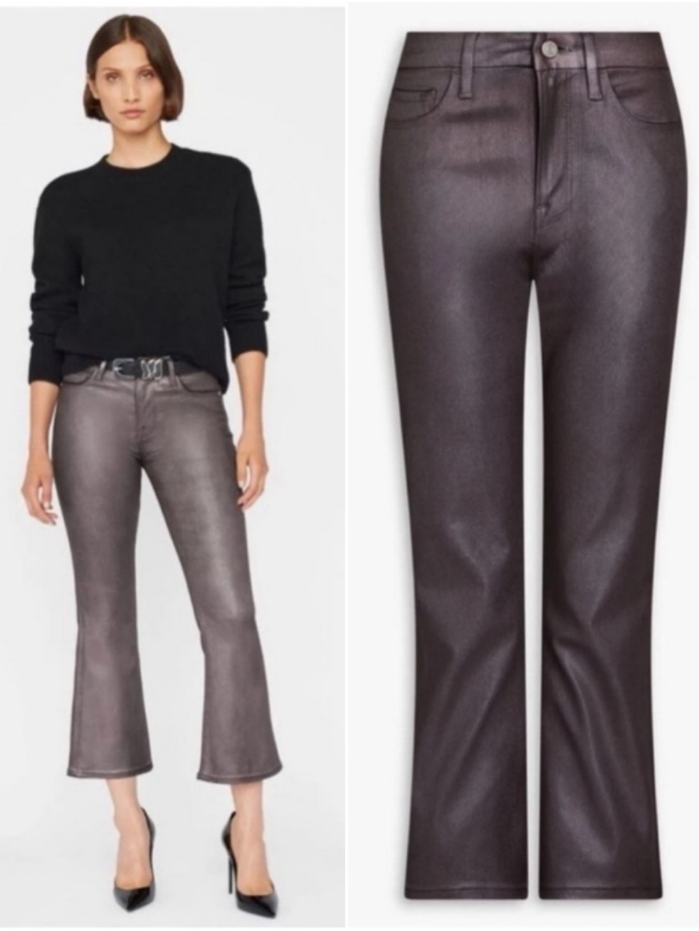 Frame Denim Le Crop Mini Boot in Pewter Coated Metallic Stretch Jeans Size 28